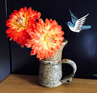 These are some of my Dahlias. I picked them today. I love the color. <br />(The bird is on my room divider in the background.)