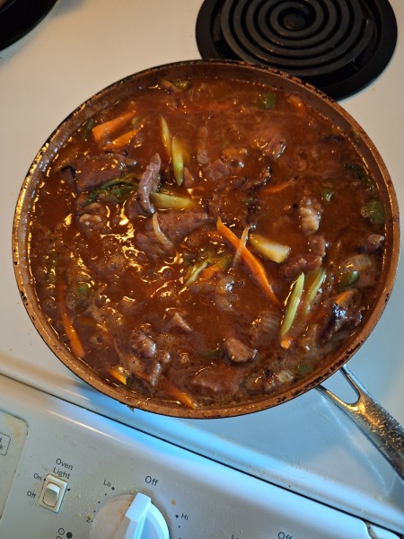 Beef stir fry made from what I found in the frig.  This lasted for 4 meals with rice.