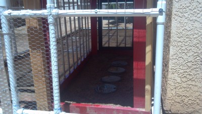 A shade shelter for the dogs, so they can be in the greenhouse, without being IN the greenhouse.  Cool wet sand on the ground, and we still have access to the irrigation valves underground.